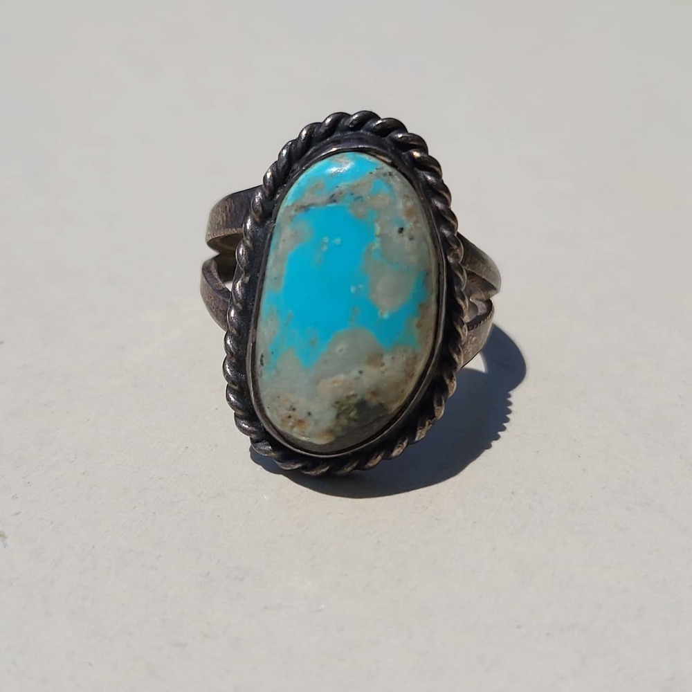 Vintage 925 Sterling Silver Turquoise Ring Size 7.25 Southwestern Split Band